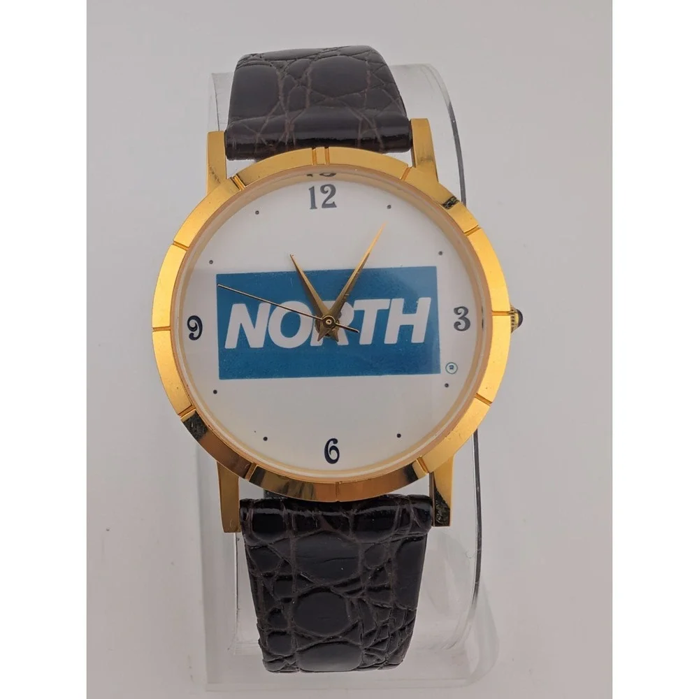 North Men's Watch 34mm Gold Case Brown Croc Leather Band- New Battery